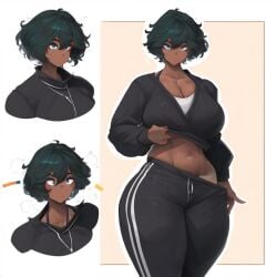 1girls ai_generated artist_request belly blue_eyes dark-skinned_female facial_expressions huge_breasts short_hair sports_uniform thick_thighs venus_body wide_hips