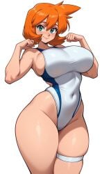 1girl ai_generated aqua_eyes bangs bare_shoulders blue_eyes blue_one-piece_swimsuit blue_swimsuit blush breasts busty closed_mouth clothing competition_swimsuit covered_navel curvaceous female female_only green_eyes groin hair_between_eyes hands_up highleg highleg_swimsuit huge_breasts kasumi_(pokemon) large_breasts linea_alba looking_at_viewer misty_(pokemon_hgss) multicolored multicolored_clothes multicolored_swimsuit navel one-piece_swimsuit orange_hair pokemon shiny_skin short_hair sideboob skindentation smile solo sportswear standing swimsuit tank_suit taut_clothes thick_thighs thigh_strap thighs two-tone_swimsuit white_one-piece_swimsuit white_swimsuit wide_hips