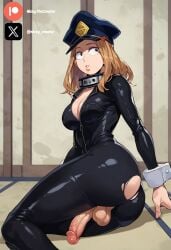 1futa ai_generated big_breasts big_penis boku_no_hero_academia brown_eyes brown_hair camie_utsushimi catsuit cleavage cock colored erection futanari light-skinned_futanari light_skin my_hero_academia penis solo testicles