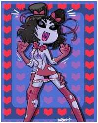 4_arms 5_eyes anthro black_hair blightstar blush bowtie excited fangs gloves hair_ornament hair_ribbon hand_on_hip hand_on_thigh hip_windows looking_at_viewer miniskirt monster monster_girl muffet panties_around_legs panties_down pinup pinup_pose purple_body small_breasts smile solo spider_girl tagme topless torn_legwear undertale