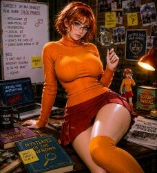 ai_generated big_breasts looking_at_viewer miniskirt scooby-doo stockings thighs velma_dinkley