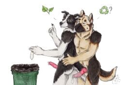 2018 animal_genitalia animal_penis anthro anthro_on_anthro artist_logo ass balls black_body black_fur black_nose blue_eyes border_collie canid canine canine_genitalia canine_penis canis collie condom dated domestic_dog duo erection filled_condom floppy_ears fur genitals german_shepherd glistening glistening_eyes herding_dog knot kola_(artist) leaf logo male male/male mammal mouth_closed nude pastoral_dog penis recycling_symbol red_penis sexual_barrier_device sheepdog simple_background standing symbol tan_balls tan_body tan_fur trash_can white_background white_body white_fur yellow_eyes