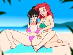 2girls anoneysnufftan applying_sunscreen ariel_(the_little_mermaid) beach beach_towel bikini black_hair blue_eyes blurry_background chichi disney disney_princess dragon_ball embarrassed female female_only humiliation imminent_death killer_lotion long_hair massage murder nail_polish peril punishment red_hair rubbing sand seaside sinfulline sky snuff summer sunbathing swimsuit the_little_mermaid towel