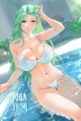 1girls absurdres alternate_costume bare_shoulders bikini blush breasts character_name cleavage collarbone earrings fire_emblem fire_emblem:_three_houses green_eyes green_hair grin highleg highleg_bikini highres jewelry large_breasts long_hair looking_at_viewer navel parted_bangs pointy_ears pool rhea_(fire_emblem) sendrawz sideboob skindentation smile solo swimsuit thighs water white_bikini