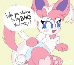 ass clothing demmy eeveelution femboy feral footwear footwear_only generation_6_pokemon genitals hi_res looking_at_viewer male mostly_nude nintendo paws penis pink_body pokemon pokemon_(species) socks socks_only solo speech_bubble sylveon tail white_body