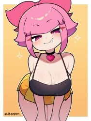 bent_over big_breasts blush brat brawl_stars chibi cleavage idol melodie_(brawl_stars) short_skirt smug tank_top thick_thighs