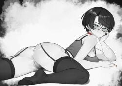 anus ass black_hair black_thighhighs bottomless camisole choker cleft_of_venus closed_mouth female female_pubic_hair glasses greyscale highres hololive looking_at_viewer lying monochrome nail_polish no_shoes oozora_subaru orange_nails pubic_hair pussy red_choker semi-rimless_eyewear short_hair smile solo spot_color swept_bangs thighhighs uncensored varniskarnis virtual_youtuber