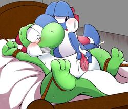 ambiguous_gender bed blue_skin blush bondage bound cum green_skin k_m_art__ m@rt male mario_(series) nintendo open_mouth orgasm penis sweat yoshi