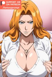 ai_generated bleach breasts_squeezed_together cleavage fantasyprompt female female female_only hands_on_breasts huge_breasts long_hair matsumoto_rangiku orange_hair revealing_clothes school_uniform schoolgirl white_eyes white_shirt