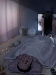 1boy 1futa black_hair coming_out_of_screen coming_out_of_tv hi_res highres ikemeru19 phone room sleeping the_ring tv tv_screen yamamura_sadako