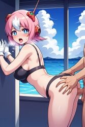 1boy 1girls ai_assisted ai_generated alternate_costume big_breasts black_bra black_panties blue_eyes blush cum_inside doggy_style female hands_on_ass hands_on_wall looking_at_viewer mega_man mega_man_x multicolored_hair nana_(mega_man) open_mouth outdoors pink_hair robot_girl sex solo_focus straight tongue_out white_gloves white_hair