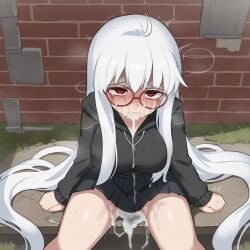 1girls absurdly_long_hair after_rape after_sex ai_generated black_hoodie black_jacket black_skirt broken_rape_victim crying cum cum_inside cum_on_face excessive_cum facial falsegate from_above glasses highres implied_creampie large_breasts long_hair looking_at_viewer mizumizuni_(style) oc_(falsegate) original original_character overflow pleated_skirt red_eyes shadow_(falsegate) sitting skirt solo spread_legs stable_diffusion tears white_hair wide_hips