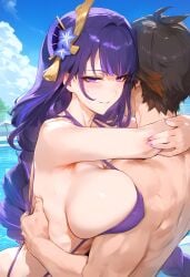 1boy 1girls ai_generated genshin_impact huge_breasts raiden_shogun smile smug string_bikini swimsuit zhongli_(genshin_impact)