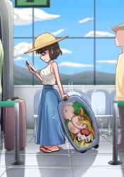 2girls abducted abduction airplane airport belly_button black_hair blonde_female blonde_hair blue_eyes breasts checking_phone clothed clothed_female clothed_female_nude_female cloud clouds commission commission_art commissioner_upload cuuki0 female floor_tiles girl_in_a_suitcase hair_ribbon hat huge_areolae huge_breasts in_container in_suitcase jashin-chan jashin-chan_dropkick kidnapped kidnapped_female kidnapped_girl kidnapping lamia large_breasts long_hair luggage monster_girl naga navel nipples open_mouth sandals screaming screaming_for_help seat seats short_hair skirt sky_background sleeveless sleeveless_turtleneck smartphone snake_girl snake_tail suitcase sun_hat tachibana_mei_(jashin-chan_dropkick) tagme tongue topless upside-down waiting_in_line yellow_eyes yuri