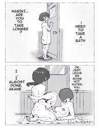 akane_tendo almost_caught bathroom_sex big_breasts cheating cheating_fiance cheating_sister clueless_female gripping_thighs hidden_sex interrupted knocking_on_door laying_on_towel nabiki_tendo ranma_1/2 ranma_saotome towel towel_only yashiro_a._marino