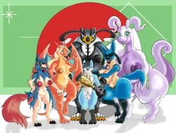 animal_genitalia anthro ass award balls big_breasts big_butt breasts charizard digitigrade female generation_1_pokemon generation_4_pokemon generation_6_pokemon generation_8_pokemon genitals goodra group hi_res holding_award holding_object holding_trophy huge_breasts lalonchera22 larger_female legendary_pokemon lips looking_at_viewer lucario male nintendo nipples pokemon pokemon_(species) sheath size_difference slightly_chubby smaller_male thick_thighs tongue tongue_out trophy urshifu wide_hips zacian