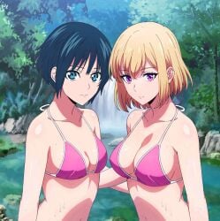 2girls bare_shoulders blonde_hair blue_eyes blue_hair cleavage large_breasts looking_at_viewer medium_breasts pink_bikini short_hair string_bikini