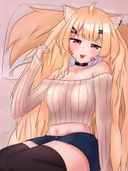 :d ahoge animal_ear_fluff animal_ears bangs bare_shoulders black_choker black_legwear blonde_hair blue_skirt blush breasts choker collarbone eyebrows_visible_through_hair female fox_girl hair_ornament hairclip hand_up long_hair long_sleeves looking_at_viewer medium_breasts midriff navel oerba_yun_fang off-shoulder_sweater off_shoulder open_mouth red_eyes ribbed_sweater shirt sitting skirt smile solo squchan_(vtuber) sweater tail thighhighs tongue very_long_hair vyugen zettai_ryouiki