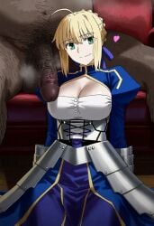 1boy 1boy1girl 1girl ai_generated armor armored_dress artoria_pendragon cheating cheating_female cheating_girlfriend cleavage dark-skinned_male fat_man fate/stay_night fate_(series) female female_focus hairy_male heart-shaped_pupils imminent_fellatio imminent_oral interracial large_breasts large_penis looking_at_viewer male_out_of_frame master netorare on_floor slave smell smelly_cock smile solo_focus straight testicles ugly_bastard ugly_man veiny_penis wariza waroffree