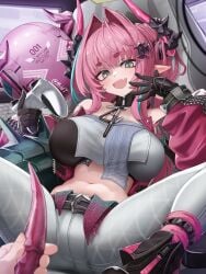 1girls arknights:_endfield controller dragon dragon_girl dragon_horns dragon_tail female female_focus female_only holding holding_controller holding_object large_breasts laugh laughing light-skinned_female light_skin long_hair mildt pink_hair spread_legs tagme thick_thighs thighs tight_clothing tight_fit tight_pants yvonne_(arknights_endfield)