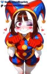 1girls ai ai_assisted ai_generated anime artist_name blue_eyes blue_headwear blush blush_stickers brown_hair closed_mouth colored_skin dibzprintz fansly gloves hat heart hi_res high_quality high_resolution highres jester jester_cap looking_at_viewer multicolored_clothes multicolored_headwear oerba_yun_fang one_eye_closed pale_skin pomni_(the_amazing_digital_circus) puffy_short_sleeves puffy_sleeves red_eyes red_gloves red_headwear short_hair short_sleeves simple_background smile solo striped_clothes striped_headwear sweat the_amazing_digital_circus two-tone_eyes vertical-striped_clothes watermark white_background white_skin