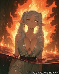 1girls ai_generated anime breasts elf_ears elf_female female fire fit frieren light-skinned nsfw spell wet white_hair