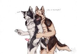 anthro black_body black_fur black_nose blue_eyes canid canine canis chastity_cage chastity_cage_only chastity_device chastity_device_only condom domestic_dog duo fur genitals german_shepherd herding_dog holding_condom holding_object kola_(artist) male mammal nude open_mouth orange_eyes pastoral_dog penis penis_tip sexual_barrier_device side_view simple_background standing tan_body tan_fur unused_condom white_background wrapped_condom