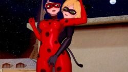 1boy 1girls 3d adrien_agreste alterego blonde_hair blonde_hair_male blue_eyes blue_hair blue_hair_female bodysuit cat_ears cat_noir green_eyes koikatsu ladybug_(character) marinette_cheng marinette_dupain-cheng masked masked_female masked_male miraculous_ladybug molestation nipple_play public stimulation tail touching_pussy