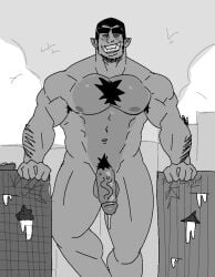 after_orgasm balls bara building building_sex crawdunk64 cum dom_(crawdunk64) facial_hair flaccid macro male male_only monochrome muscles muscular nude orc penis solo solo_male