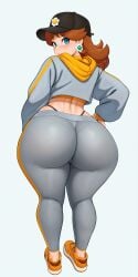 1girls ai_generated baseball_cap breasts brown_hair female female_only gym_clothes hoodie light-skinned_female light_skin mario_(series) nintendo princess_daisy sneakers solo thick_thighs thighs thong_underwear wide_hips