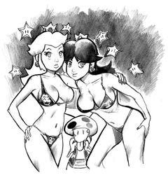 1boy 2girls bikini cluedog female human large_breasts male mario_(series) medium_breasts monochrome multiple_girls nintendo princess_daisy princess_peach star super_mario_bros. toad_(mario)