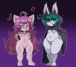 animal_ears animal_nose areola ass becku black_clothing black_hoodie black_topwear blush blush_lines bottom_heavy bottomless breasts brown_clothing brown_topwear bunny_ears bunny_girl butt_from_the_front clothed clothing duo ellipsis eyelashes female front_view fur genitals green_eyes green_hair grey_body grey_fur hair hand_on_hip heart_symbol hi_res hoodie humanoid inner_ear_fluff innie_pussy lagomorph league_of_legends long_hair long_sleeves looking_at_viewer lulu_the_fae_sorceress nipples open_mouth pattern_clothing pattern_topwear purple_areola purple_background purple_body purple_eyes purple_fur purple_hair purple_nipples pussy question_mark rabbit_ears rabbit_girl raised_clothing raised_topwear riot_games short_stack simple_background small_breasts striped_clothing striped_topwear stripes sumidero tencent thick_thighs topwear tuft vex_(league_of_legends) wide_hips yordle