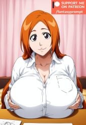 ai_generated black_eyes bleach cleavage fantasyprompt female female female_only huge_breasts inoue_orihime long_hair orange_hair white_shirt