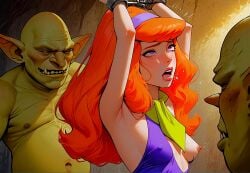 ai_generated arms_above_head bondage daphne_blake erect_nipples male monsters one_breast_out scooby-doo