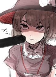 1boy :t black_hat blank_censor blush bow brown_eyes brown_hair brown_shirt censored closed_mouth collared_shirt commentary_request cookie_(touhou) female frown haburashi hat hat_bow highres jiko_mujun lanyard penis shaded_face shirt short_hair simple_background solo_focus touhou upper_body usami_renko white_background white_bow