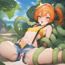 after_sex after_tentacle_sex ai ai_generated crop_top cum cum_covered forced_undressing jean_shorts kasumi_(pokemon) leaking_cum mind_break orange_hair orgasm pokemon ripped_clothing shorts side_ponytail small_breasts suspenders tentacle tentacle_grab tentacle_rape tentacle_restraint