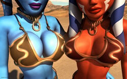 2012 2girls 3d aayla_secura ahsoka_tano alien armlet bikini breasts busty cleavage clone_wars female female_only jedi jedi_master jedi_padawan kondaspeter large_breasts lekku lipstick metal_bikini multiple_girls navel slave_ahsoka slave_bikini star_wars tatooine the_clone_wars:_season_four togruta twi'lek voluptuous yuri