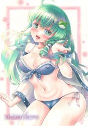 1girls ahoge belly_button bikini bikini_bottom bikini_top blush breasts crotch_seam detached_sleeves female_focus frog_hair_ornament green_eyes green_hair hair_tubes kochiya_sanae light-skinned_female light_skin long_hair mimikoro navel nipple_bulge open_mouth sanae_kochiya simple_background snake_hair_ornament solo solo_focus thighs touhou watermark