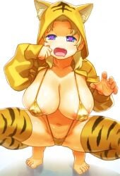 big_breasts bikini bimbo blonde_female blonde_hair blue_eyes breasts cat_costume final_fantasy final_fantasy_five gigantic_breasts golden_bikini heart_eyes huge_breasts krile_mayer_baldesion large_breasts micro_bikini mmmikedaya narisokonai_(mmmikedaya) nipples short_stack shortstack squat tagme tiger_print