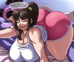 2girls all_fours alternate_costume ass big_ass big_breasts black_hair bottom_heavy breasts brown_hair bubble_butt charge_sol crossover dat_ass dialogue dreaming fat_ass fatal_fury female female_only huge_ass juri_han king_of_fighters large_ass mai_shiranui massive_ass pajamas png sleep_talking sleeping street_fighter street_fighter_6 text thick_ass thick_thighs wide_hips