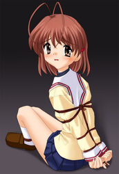 blush bondage brown_eyes brown_hair clannad clothing furukawa_nagisa open_mouth school_uniform short_hair skirt tied_up