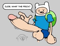 2boys adventure_time backpack cartoon_network chujam circumcised confused_look exaggerated_anatomy finn_the_human fully_clothed huge_balls huge_cock huge_hands human jake_the_dog male plain_background question speech_bubble