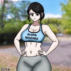 annoyed brown_eyes brown_hair coloredyiddies hair_bun lei_(coloredyiddies) original_character sports_bra yoga_pants