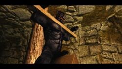 2014 abs animated anthro balls biceps black_fur black_skin bondage bound breathing chains epic_soul erection fangs feline fur gag game game_screenshot green_eyes humanoid_penis khajiit male male_only muscles nude open_mouth panther pecs penis scar skyrim solo spread_legs spreading the_elder_scrolls video_games wooden_horse