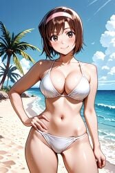 1girl ai-created ai_generated bare_arms bare_shoulders beach bikini blue_sky blush breasts brown_eyes brown_hair cleavage closed_mouth cloud collarbone contrapposto cowboy_shot day devilman female fingernails hairband hand_on_own_hip large_breasts looking_at_viewer medium_breasts miki_makimura navel ocean outdoors palm_tree pixiv rena_aikawa_(pixiv_user) sand short_hair sky smile solo stable_diffusion standing stomach swimsuit thighs tree water white_bikini