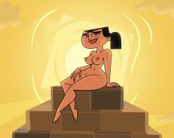 2d areolae beauty_mark big_breasts black_hair breasts brown_eyes busty dezetaka dzk erect_nipples eva_(tdi) female female_focus female_only full_body hourglass_figure long_hair navel nipples nude nude_female nudity pinup pinup_pose ponytail sitting total_drama_island wide_hips