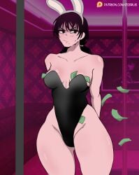 1girls black_hair bunny_ears bunny_suit bunnysuit chainsaw_man embarrassed female female heroine light-skinned_female mitaka_asa money money_in_cleavage strip_club stripper stripper_clothes stripper_pole thick_thighs