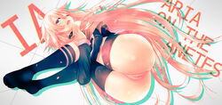 ahoge ass asymmetrical_legwear black_legwear cevio clare_(543) highres ia_(vocaloid) kneehighs long_hair pink_hair purple_eyes pussy single_thighhigh thighhighs vocaloid