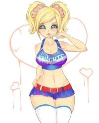 blonde_hair blue_eyes cheerleader cleavage ein457 female female_only finger_to_mouth hand_on_hip heart highres human juliet_starling lollipop lollipop_chainsaw looking_at_viewer simple_background solo standing tied_hair twintails