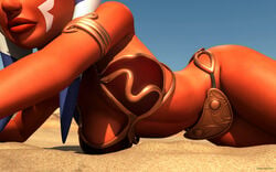 1girls 3d ahsoka_tano alien armlet bikini breasts cleavage clone_wars female jedi jedi_padawan kondaspeter large_breasts lying_down metal_bikini red_skin slave_ahsoka slave_bikini solo star_wars the_clone_wars:_season_four togruta watermark